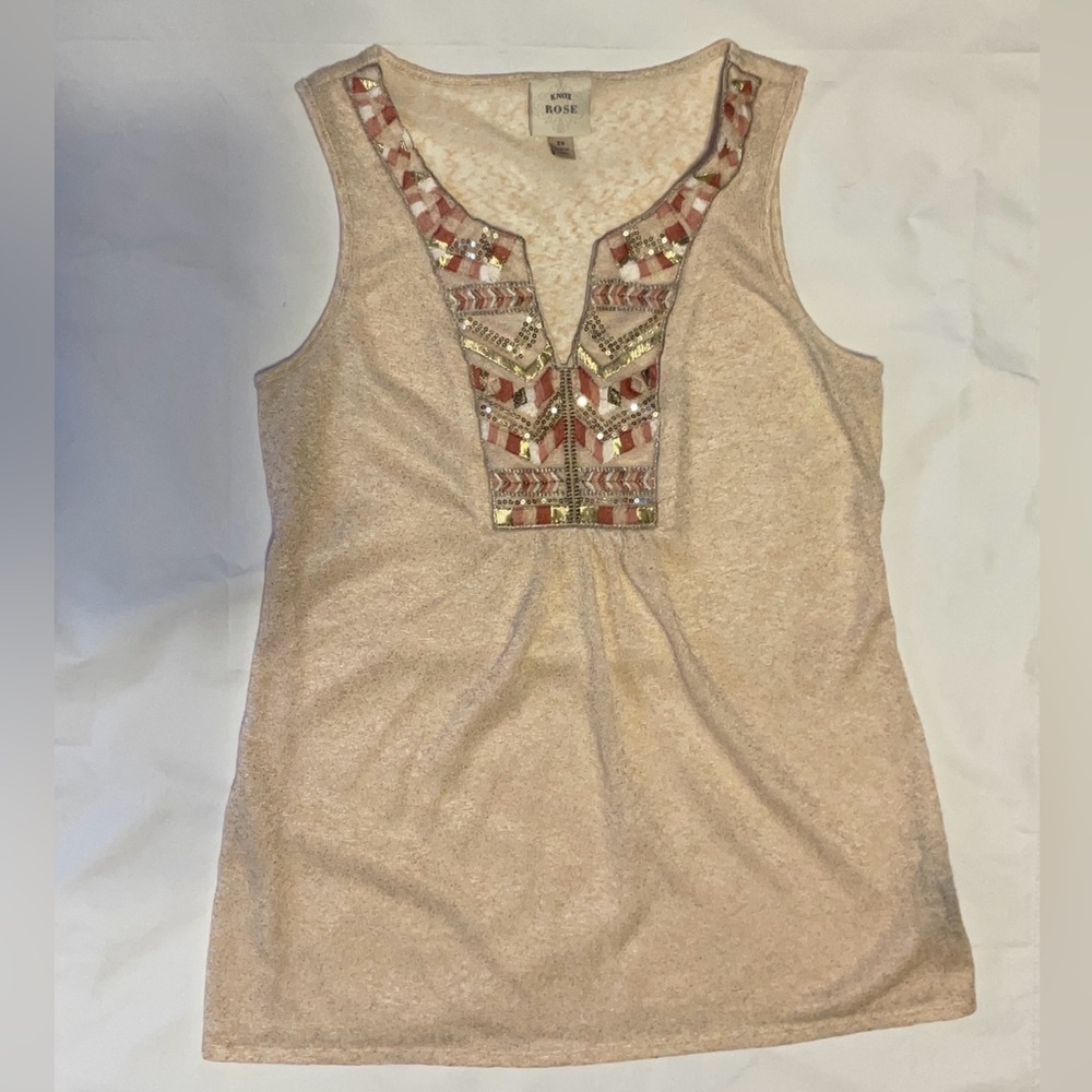 Women’s Knox Rose Tank Top Cream Boho Split V Loose Beads Sequins Embroidered